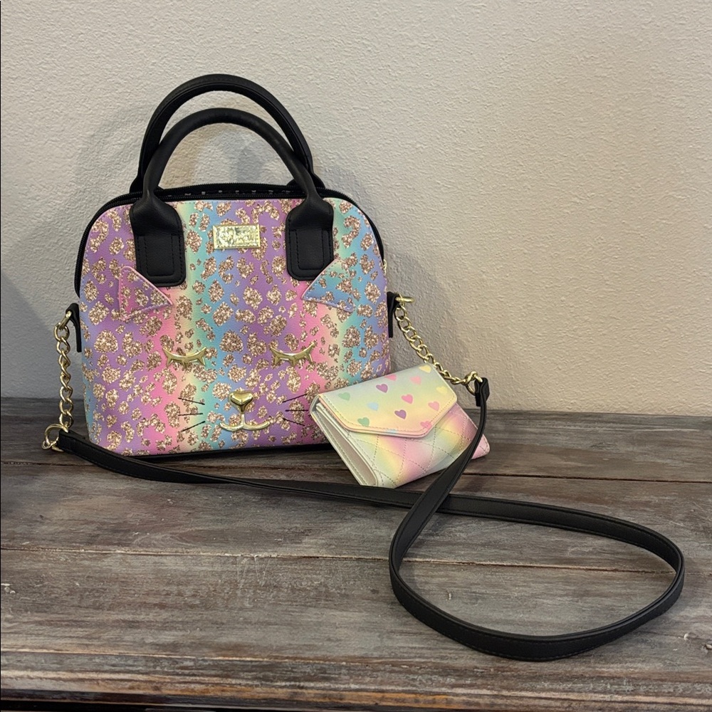 Luv Betsey Johnson Dome Pastel Kitty Cat Print Bag RARE good used + wallet